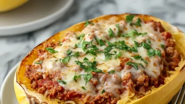 Cheesy Garlic and Herb Spaghetti Squash with Meat Sauce