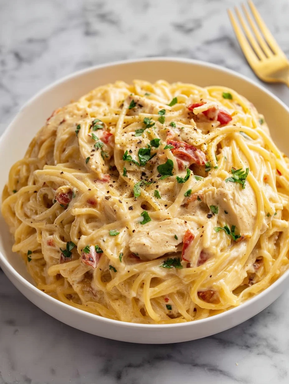 Creamy Crockpot Chicken Spaghetti