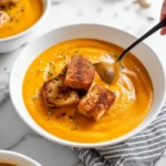 Spicy Pumpkin Soup with Grilled Cheese Croutons