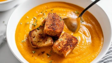 Spicy Pumpkin Soup with Grilled Cheese Croutons