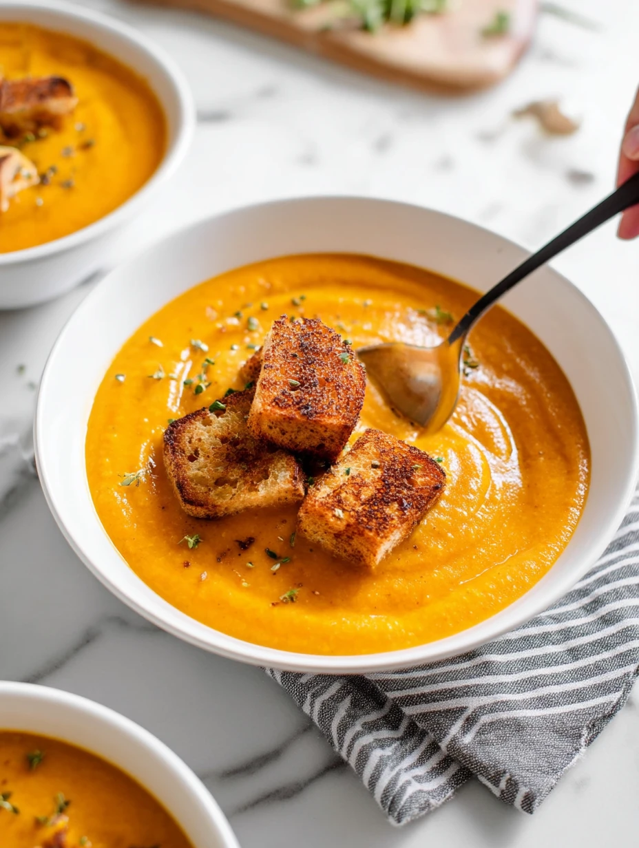 Spicy Pumpkin Soup with Grilled Cheese Croutons