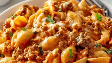 Crockpot Cheesy Ranch Beef Pasta Shells