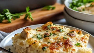 Creamy Chicken Alfredo Bake with Mozzarella Crust