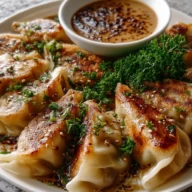 Oven-Baked Dumplings with Peanut Sauce