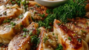 Oven-Baked Dumplings with Peanut Sauce