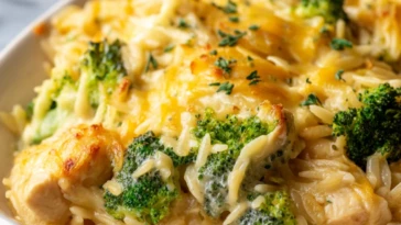 Creamy Cheesy Chicken Broccoli Orzo Bake